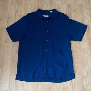 Tommy Bahama Mens Navy Blue Silk Blend Short Sleeve Button Up Shirt Size Large